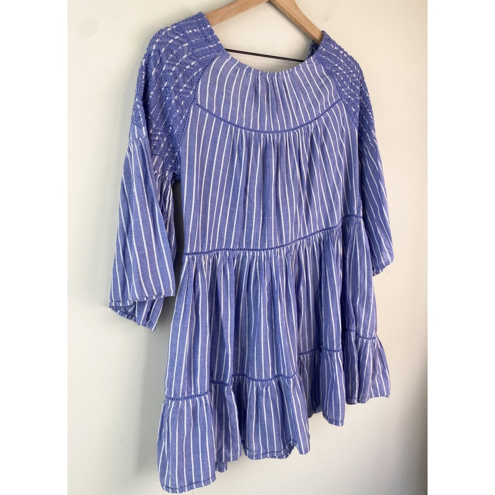 Free People Lola Embroidered Striped Mini Dress S Blue Tiered Coastal Festival - Picture 3 of 7